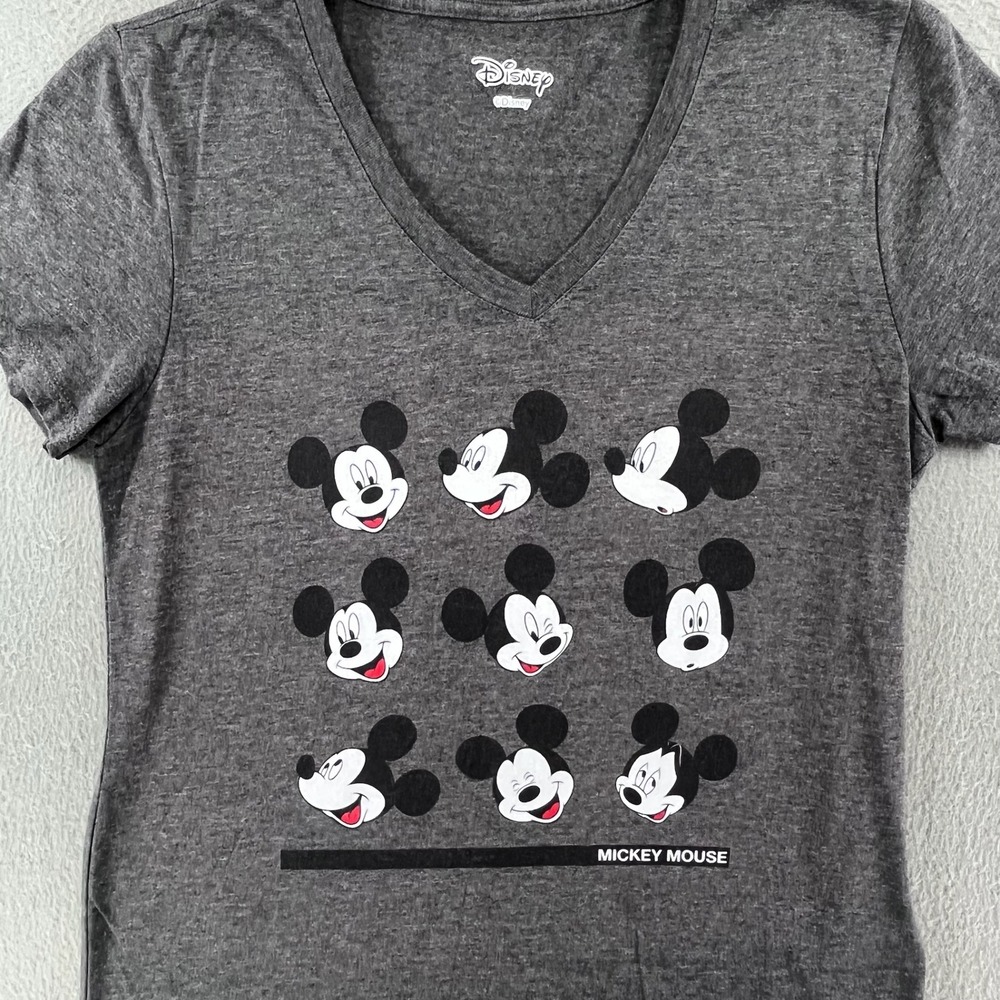 Disney Women T-Shirt Cotton Blend Gray Small Mickey Mouse Graphic‎ V-Neck Casual
